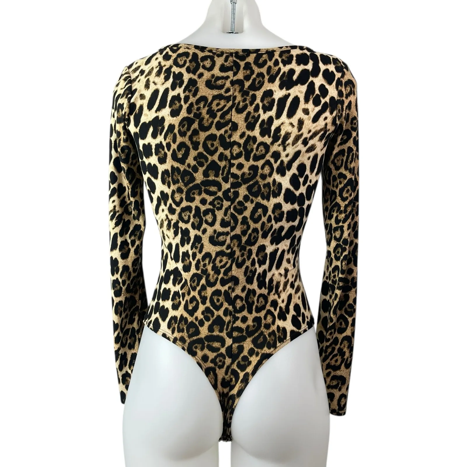 Day & Night Beige Black Leopard Long Sleeve Ring Plunge Bodysuit Top Size S - Image 2