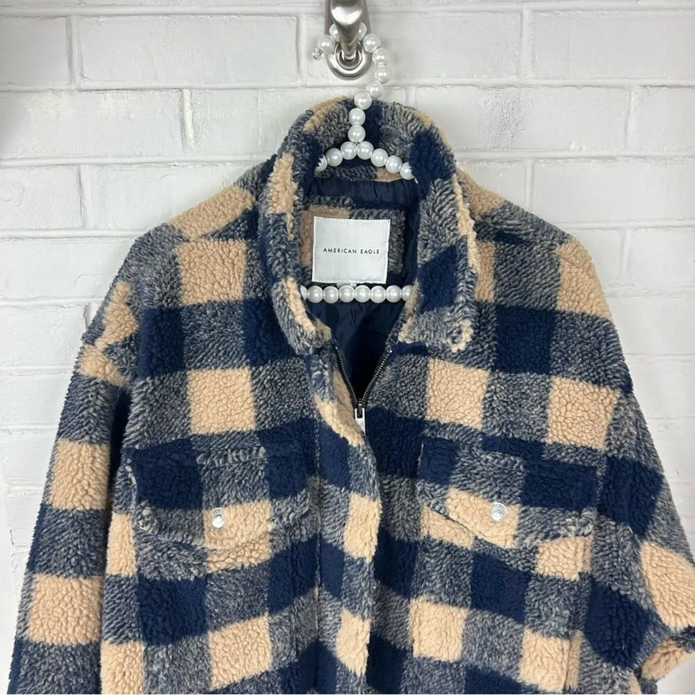 American Eagle Plaid Print Sherpa Zip Up Jacket Size L - Image 7