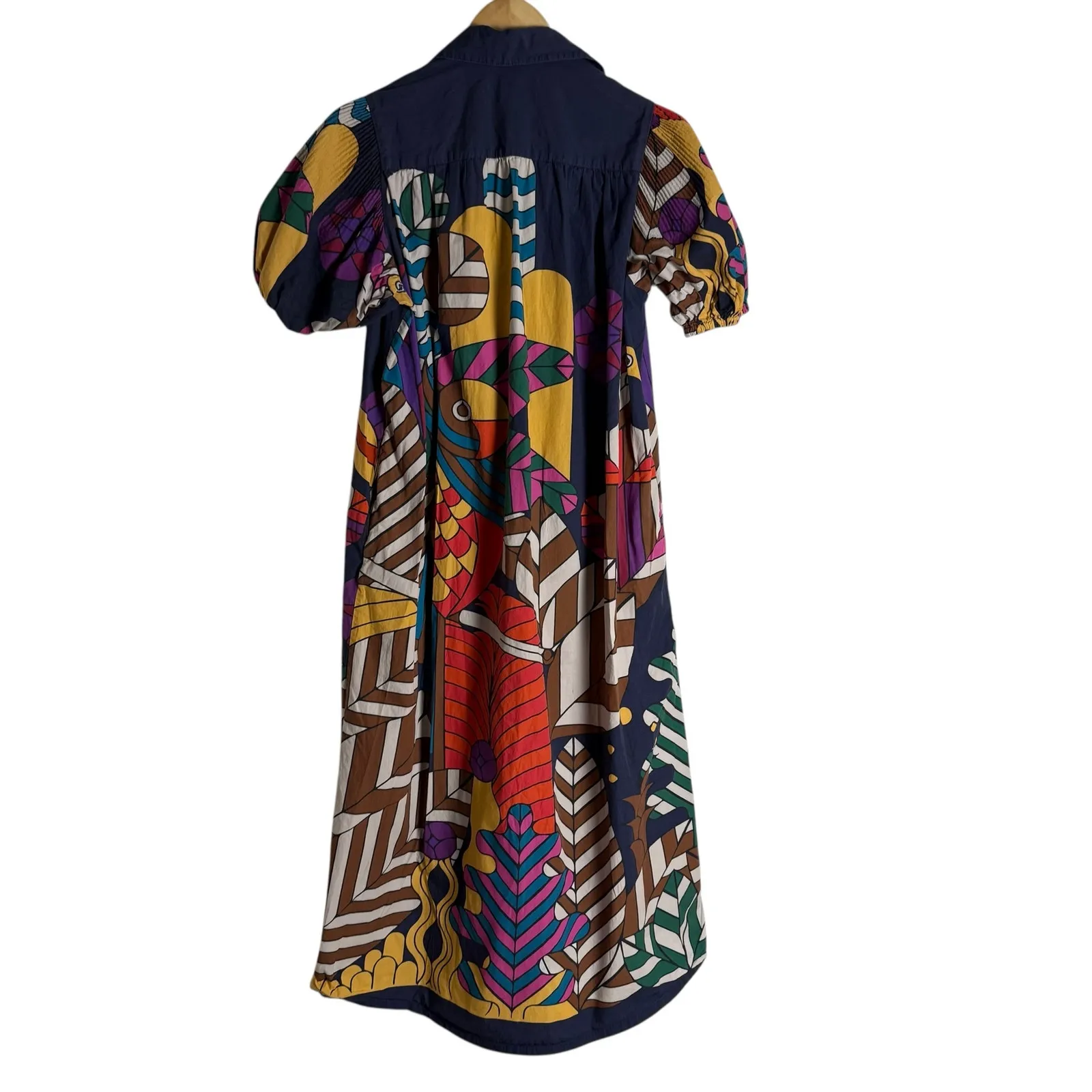 Carolina K Valerie Pleated Geometric Print Puff Sleeve Midi Kaftan Dress Size XS Blue - Image 16