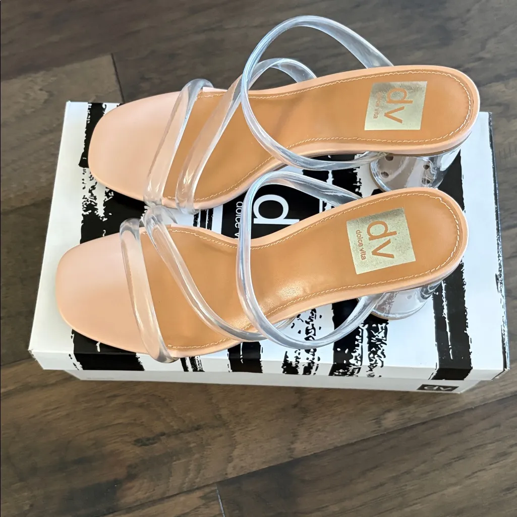 New in Box DV8 Clear Nyla Block Heel Sandals Sz 7.5 Tan - Image 5