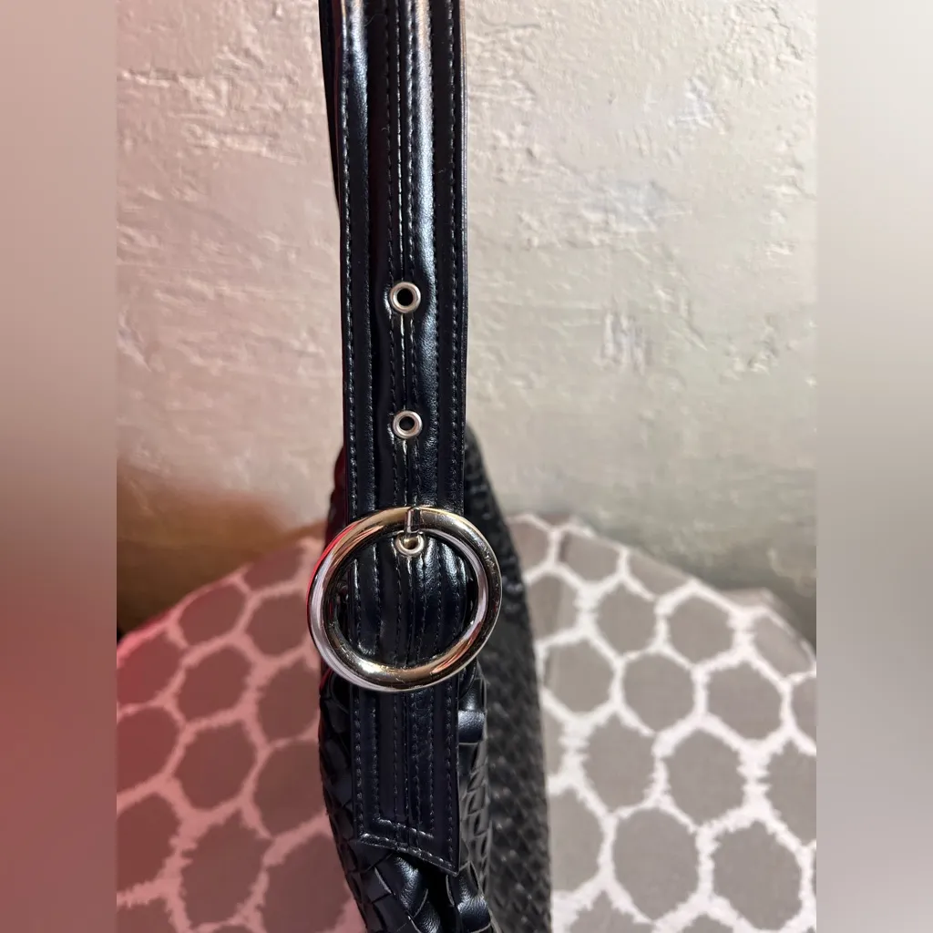 White House Black Market Black Woven Shoulder Bag faux zip minimalist classic - Image 9