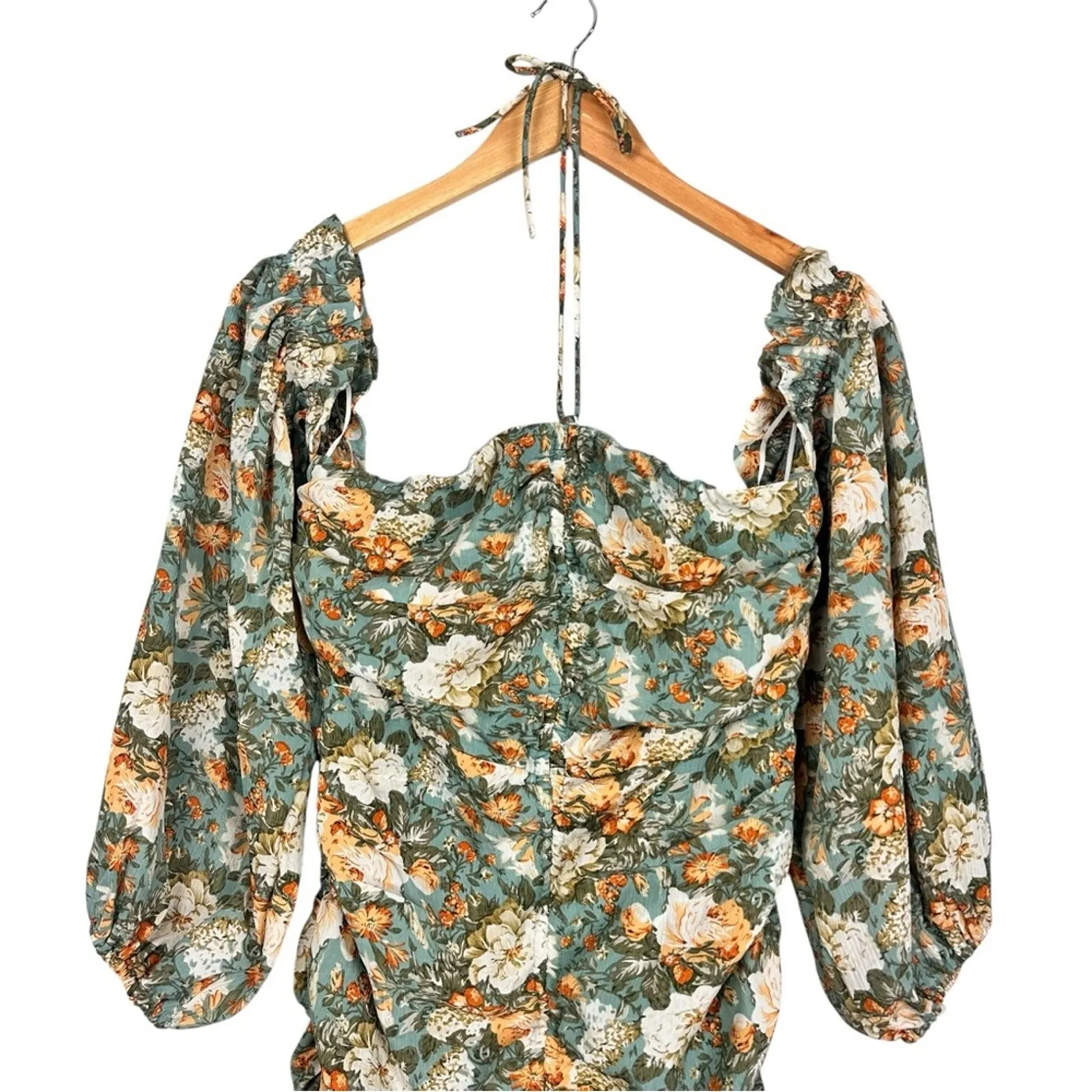 Hello Molly Basque Country Long Sleeve Ruched Mini Dress Floral Sage Medium NWT - Image 5