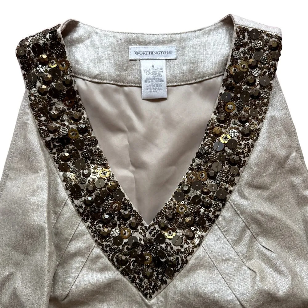 Beige Gold Sleeveless Linen Sheath Dress Embellished Women's Size 6 - Image 2