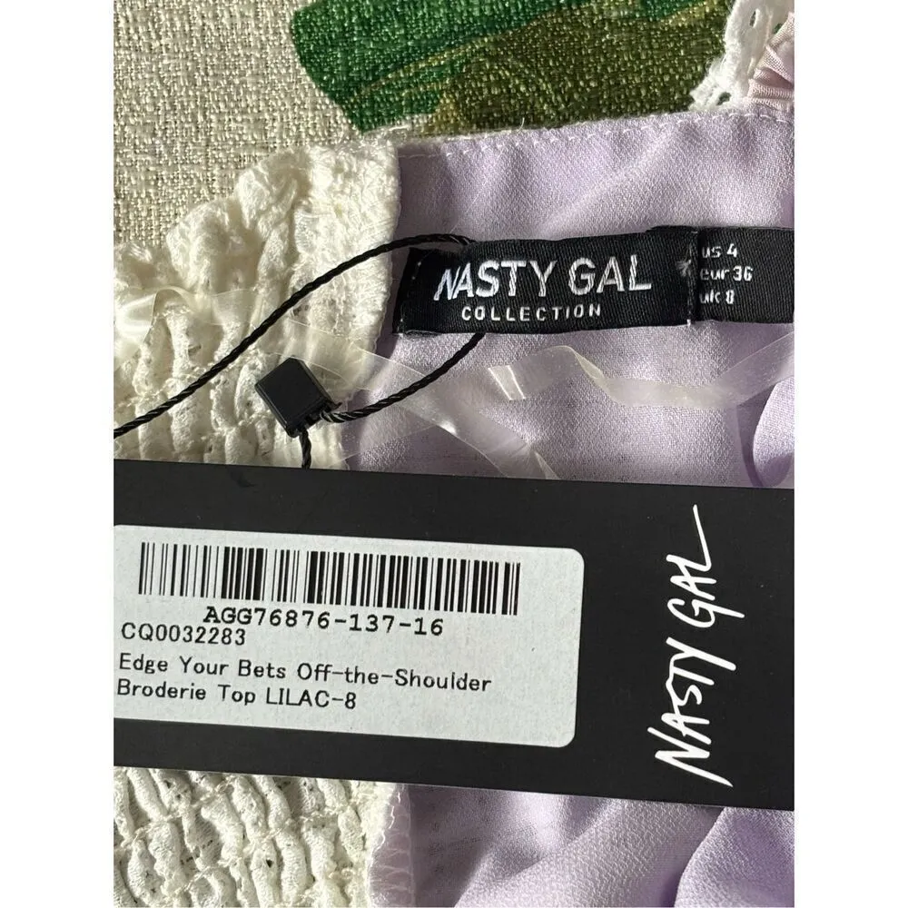 Nasty Gal Edge Your Bets Purple White Off Shoulder crop top size 4 NWT - Image 3