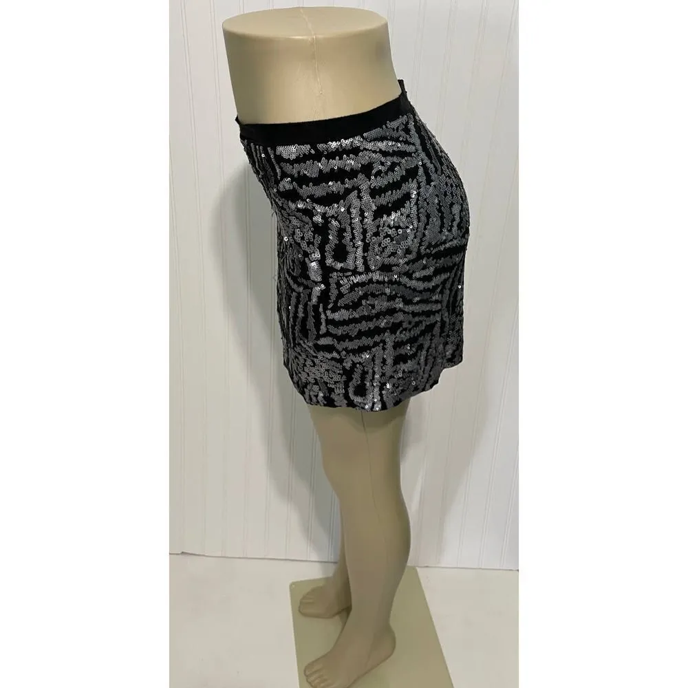 Theory Silk Mini Sequin Skirt Black Silver‎ Size 2 - Image 5