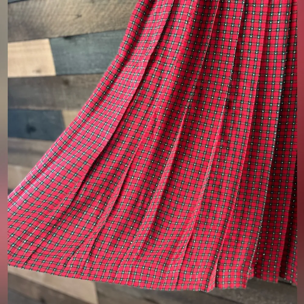 Vintage Talbots Red & Green Plaid Sparkly Pleated Holiday Skirt Made In U.S.A - Image 2