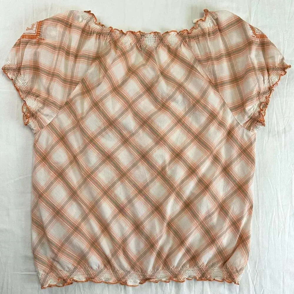 Style & Co Boho Orange Plaid Embroidered Peasant Blouse Sz L Hippie Western Size L - Image 4