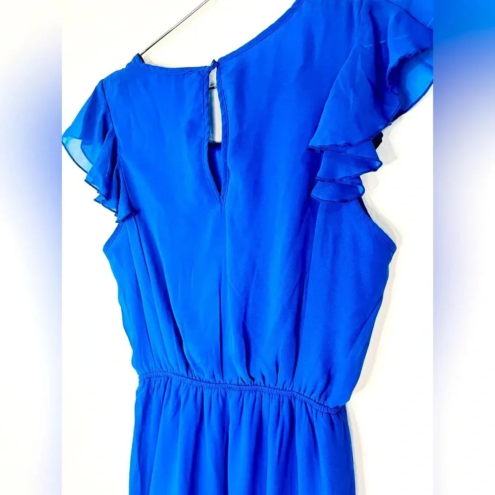Timing Blue Sheer Ruffle Sleeve Dress Flowy Pleated Front - Image 8