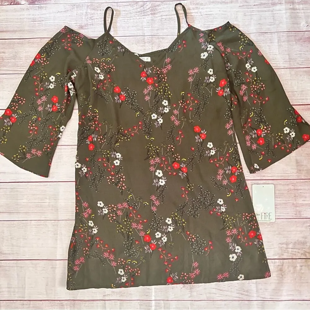 Love Fire Women’s Bell Sleeve Olive Combo Floral Dress Sz L Green Size L - Image 15
