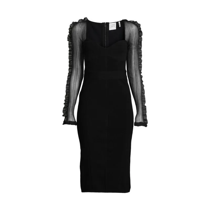 Herve Leger Black Ruffle Sheer Long Sleeve Corset Sweetheart Midi Dress Size S - Image 4
