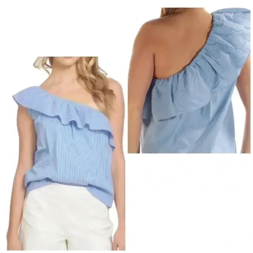 💥🆕 Sweet Wander Cold Shoulder Ruffle Top Blue S🆕 - Image 2
