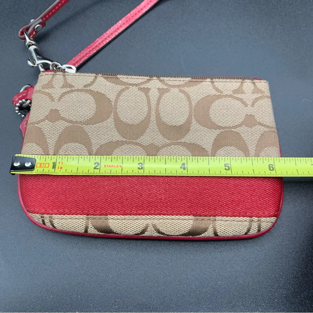 Coach Khaki Red Signature Canvas Wristlet Wallet Zip Top 6x4” - Image 10