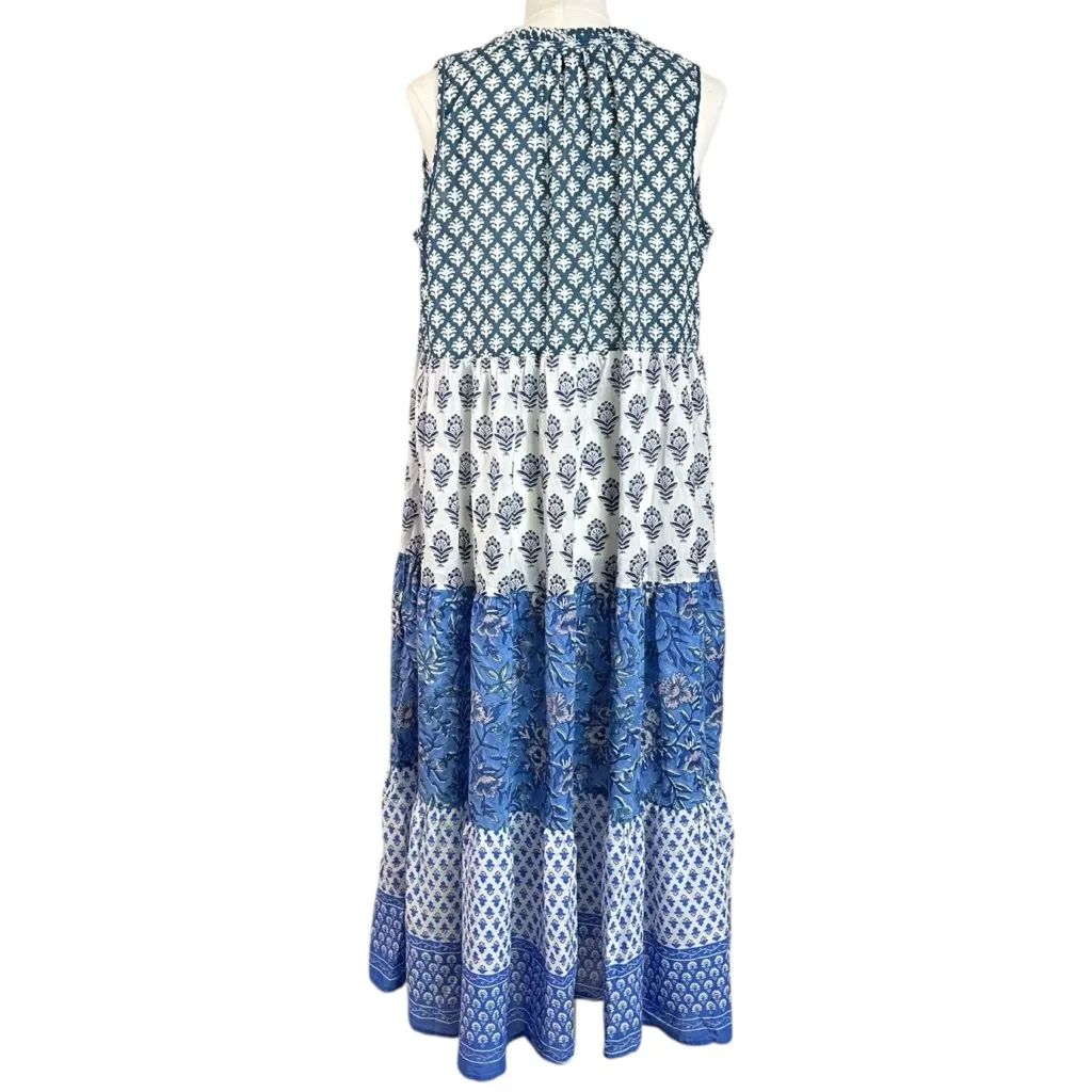 Tuckernuck Bohemian Indian Cotton Tiered Block Print Maxi Dress Medium Retro 70s - Image 3