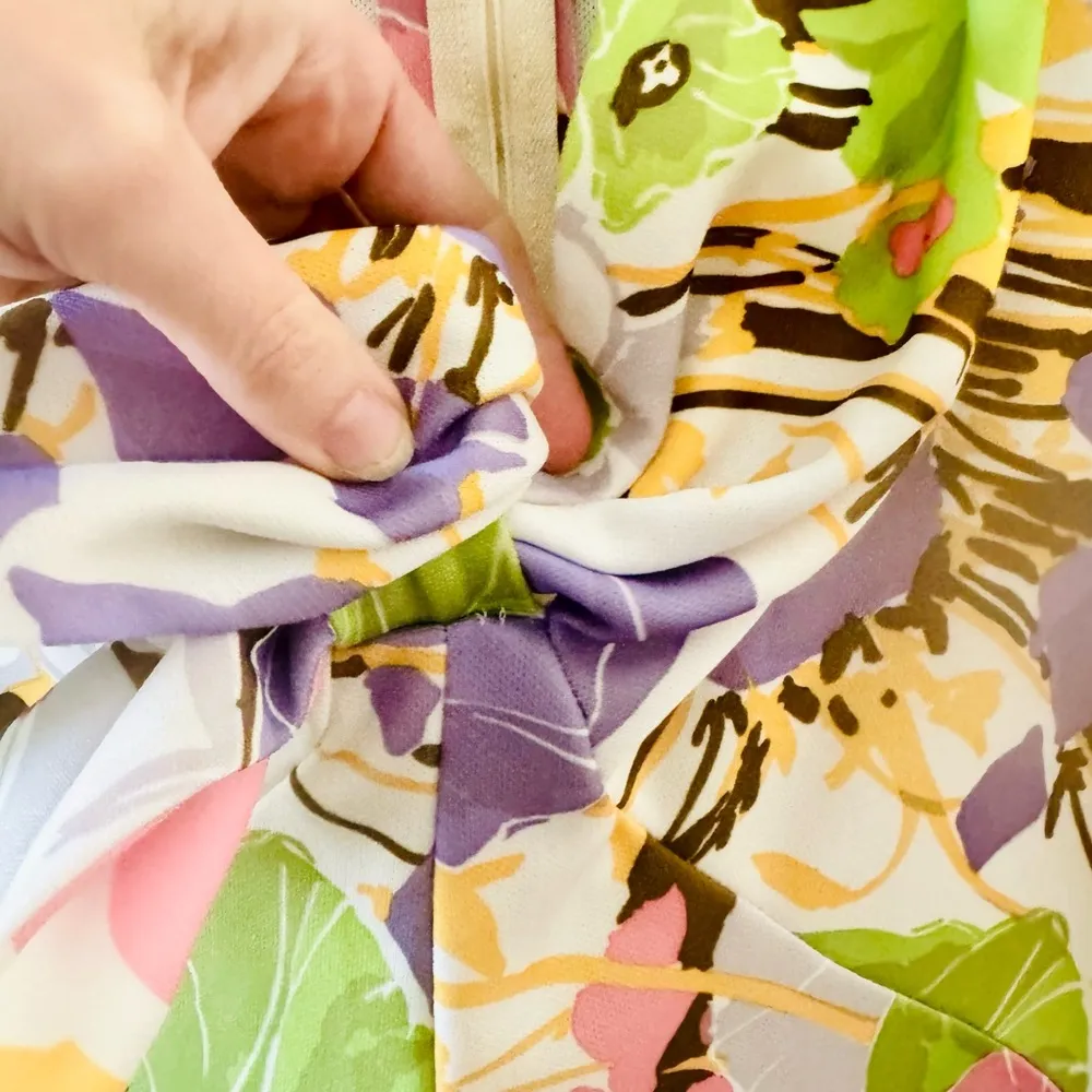 70s Vintage Hippie Mod Floral Print Tie Front Detail Maxi Dress, sz. S White - Image 14