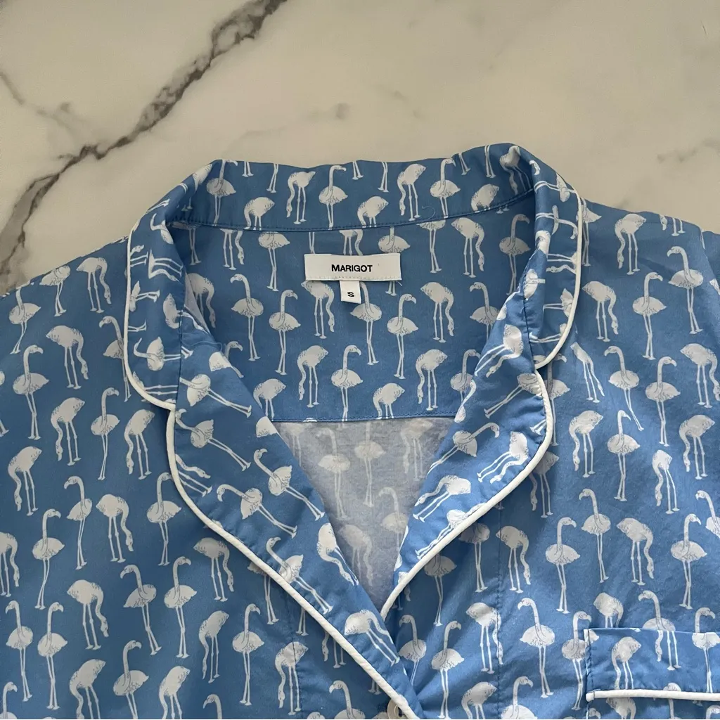 Marigot Lorient Block Print Nightshirt Ice blue Flamingo size small oversized - Image 5