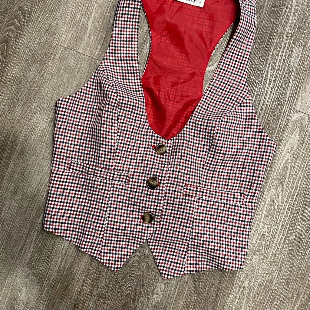 Vintage plaid checkered tuxedo vest button front red checks gingham small - Image 2