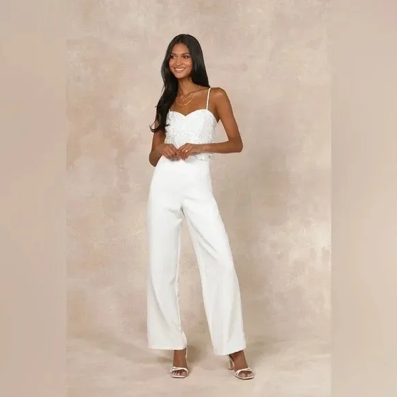 Lulus Exquisite Posture White Floral Embroidered Tiered Jumpsuit Size S - Image 4