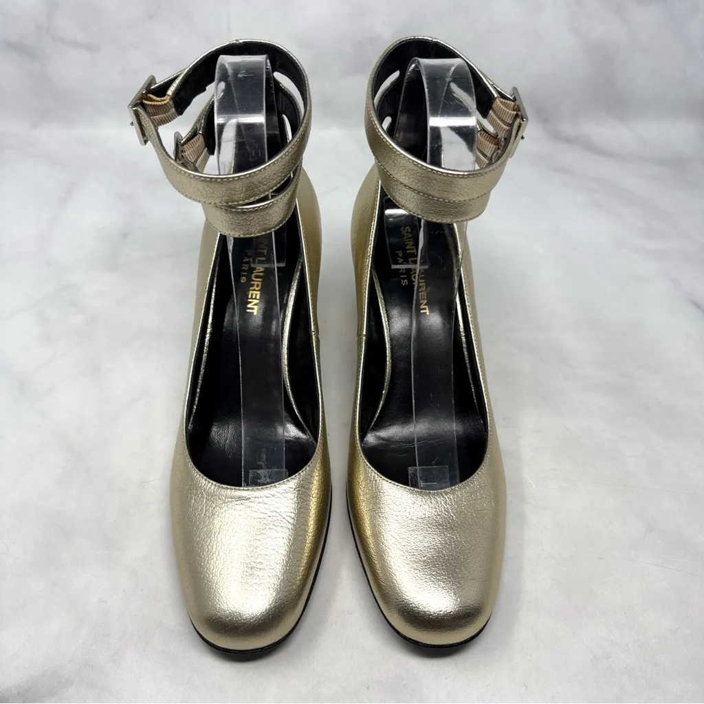 NEW Saint Laurent Babies Edgy Mary Jane Ankle Strap Pumps Mid Heels Gold 38.5 - Image 5