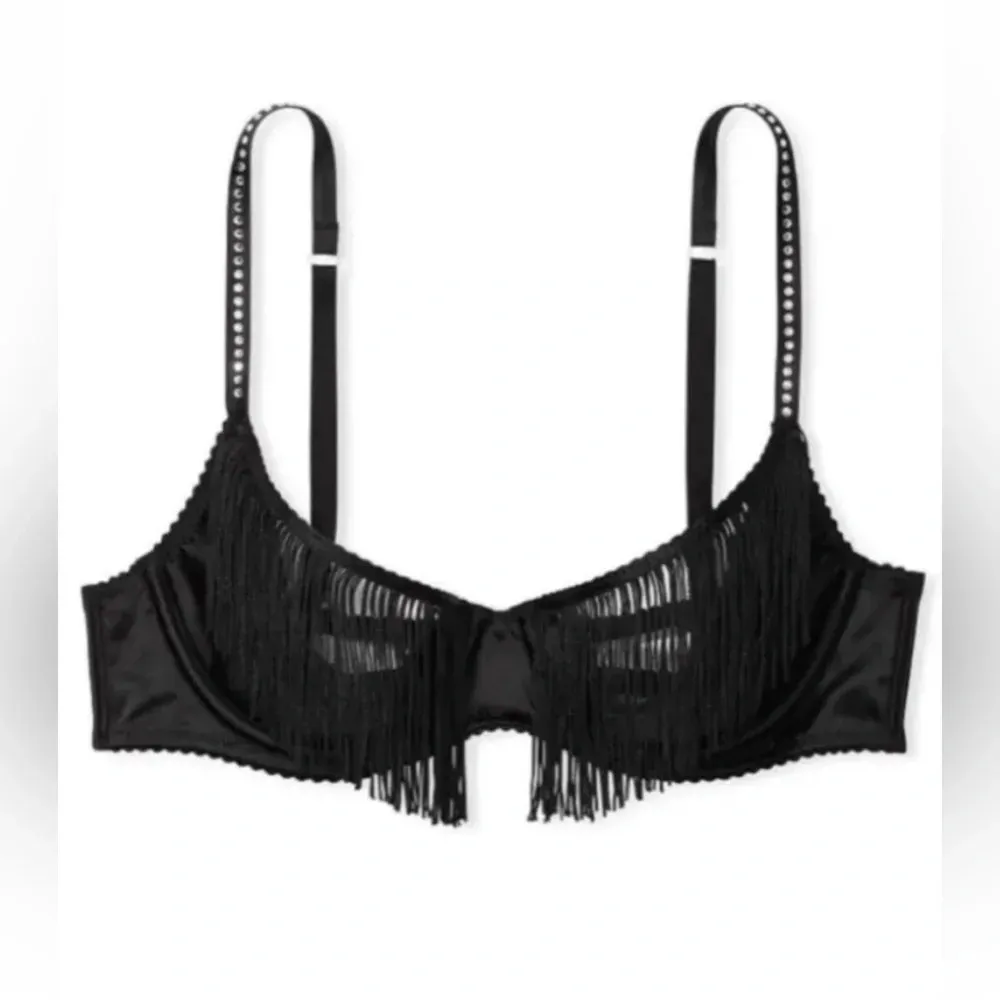 Victorias Secret Luxe BLING Fringe Caged Quarter Cut Out Open Cup Bra Black Sz L - Image 2