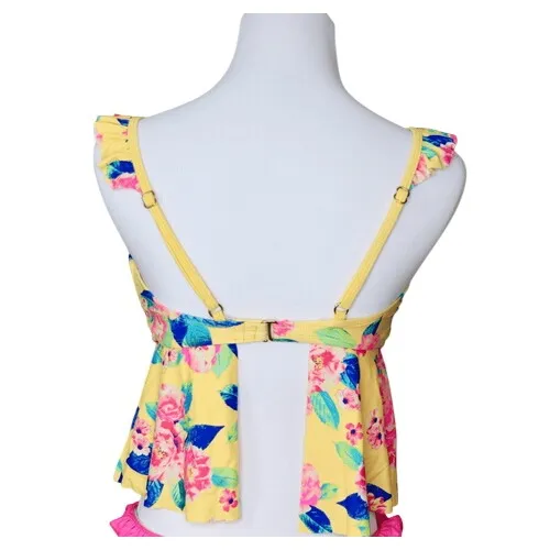 Arizona Jean Yellow Pink Cried Ruffle Tankini Floral 2pc Swimsuit LARGE Poolcore - Image 4