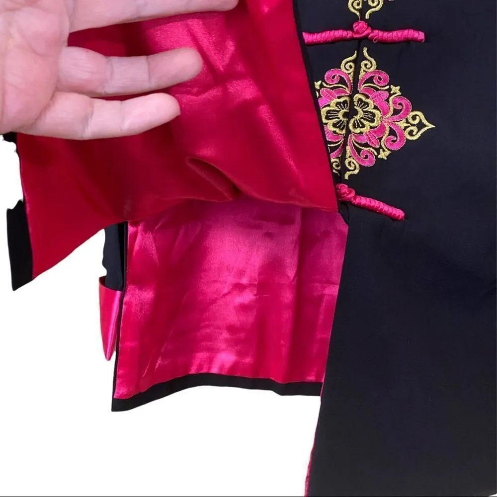 Asian 100% Silk Embroidered Black Pink Jacket Top Size Medium - Image 3