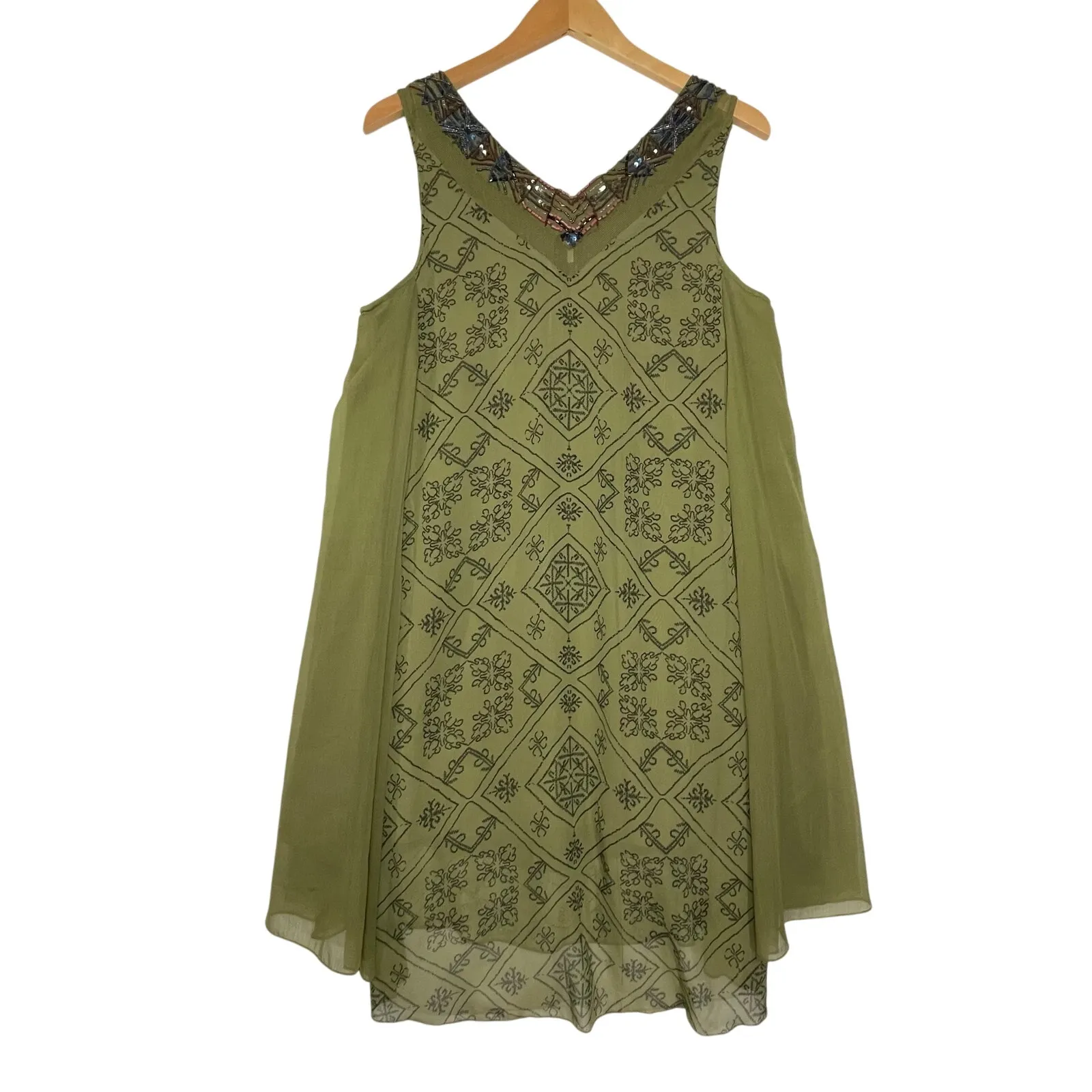 FREE PEOPLE Women’s Ancient Mystery Beaded Green Geo Print Swing Dress - Image 6