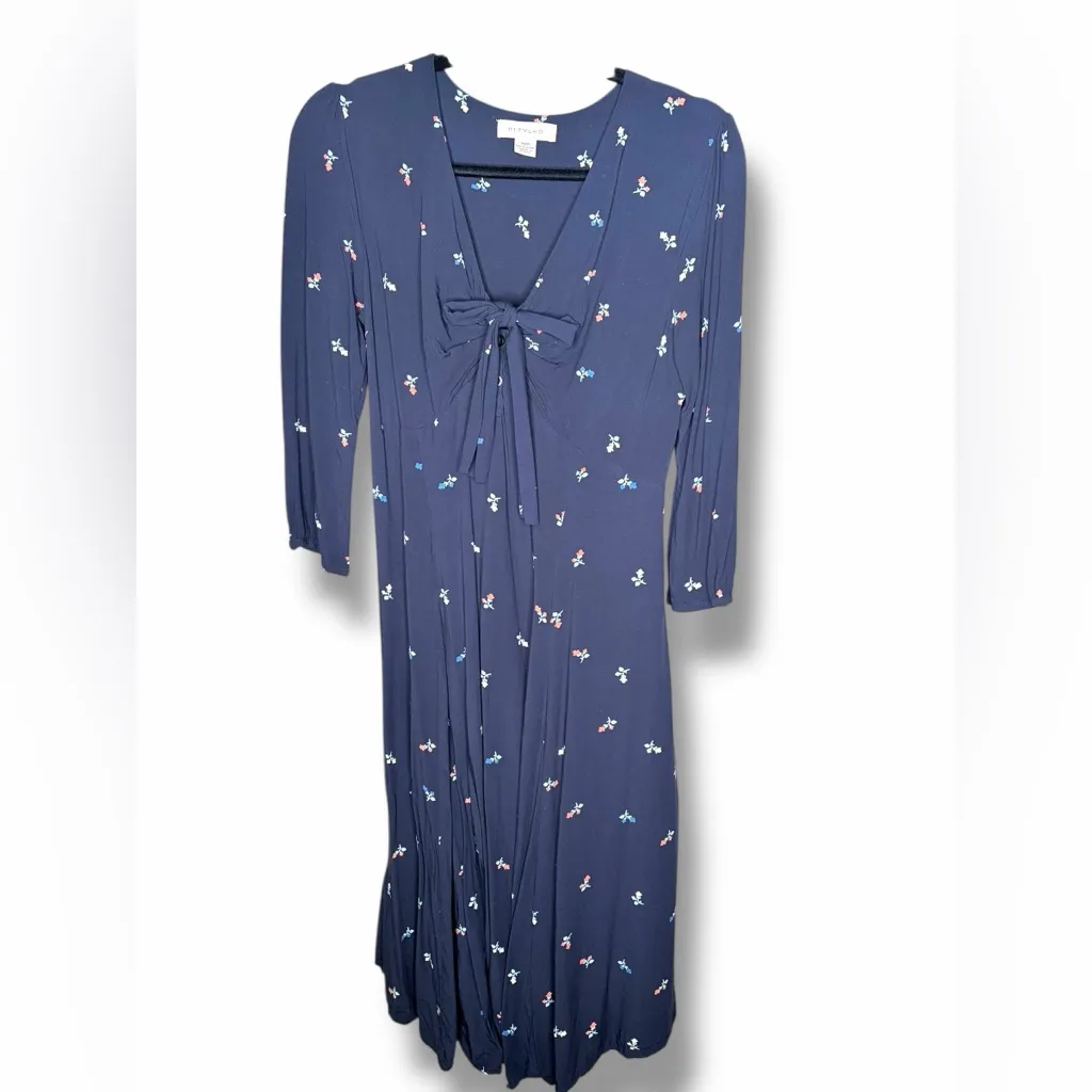Anthropologie 11 Tylho Floral Tie Navy Blue Knee Length Midi Dress Small - Image 11