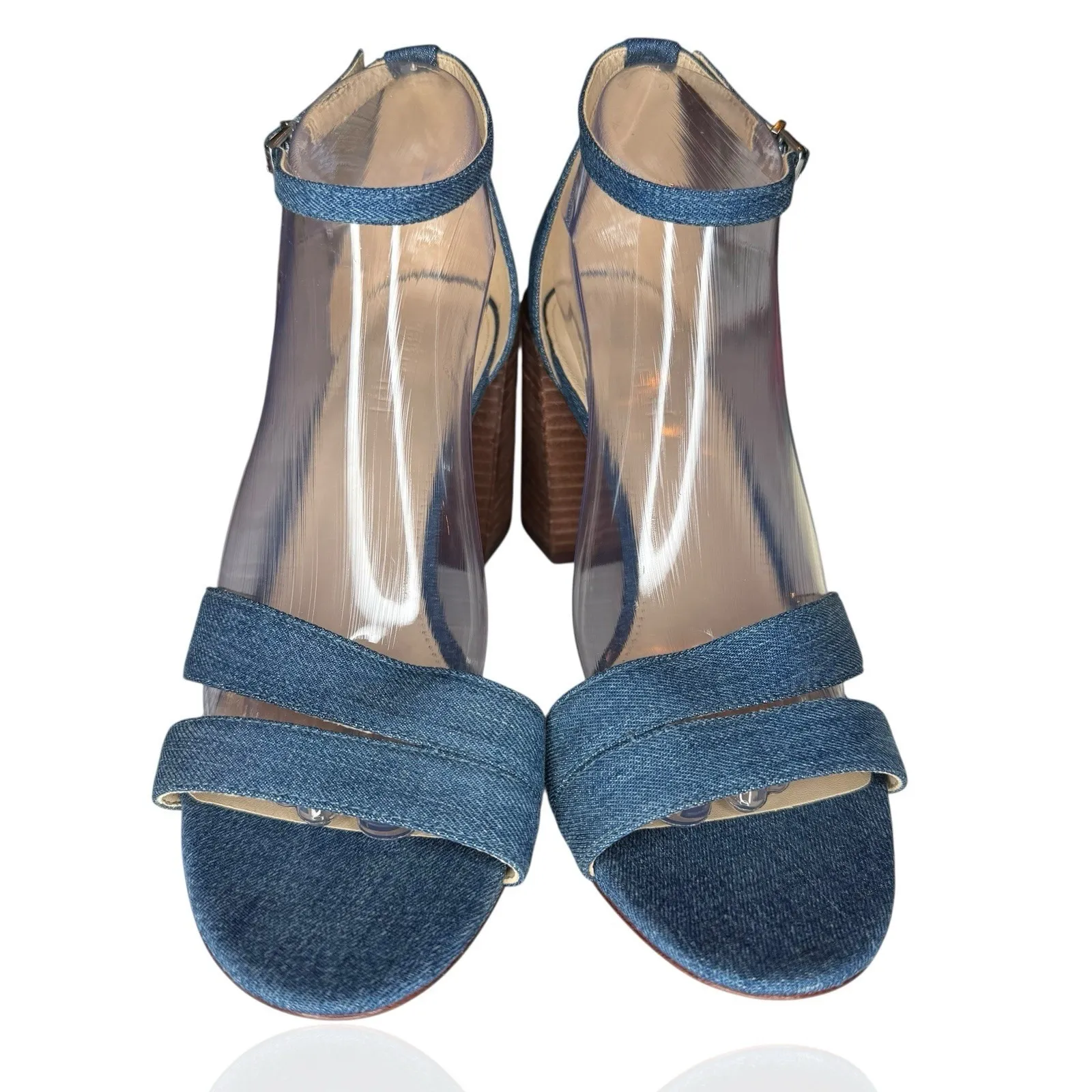 J Mclaughlin Shauna Denim Ankle Strap Sandals Wood Block Heel 10 Leather Sole - Image 5