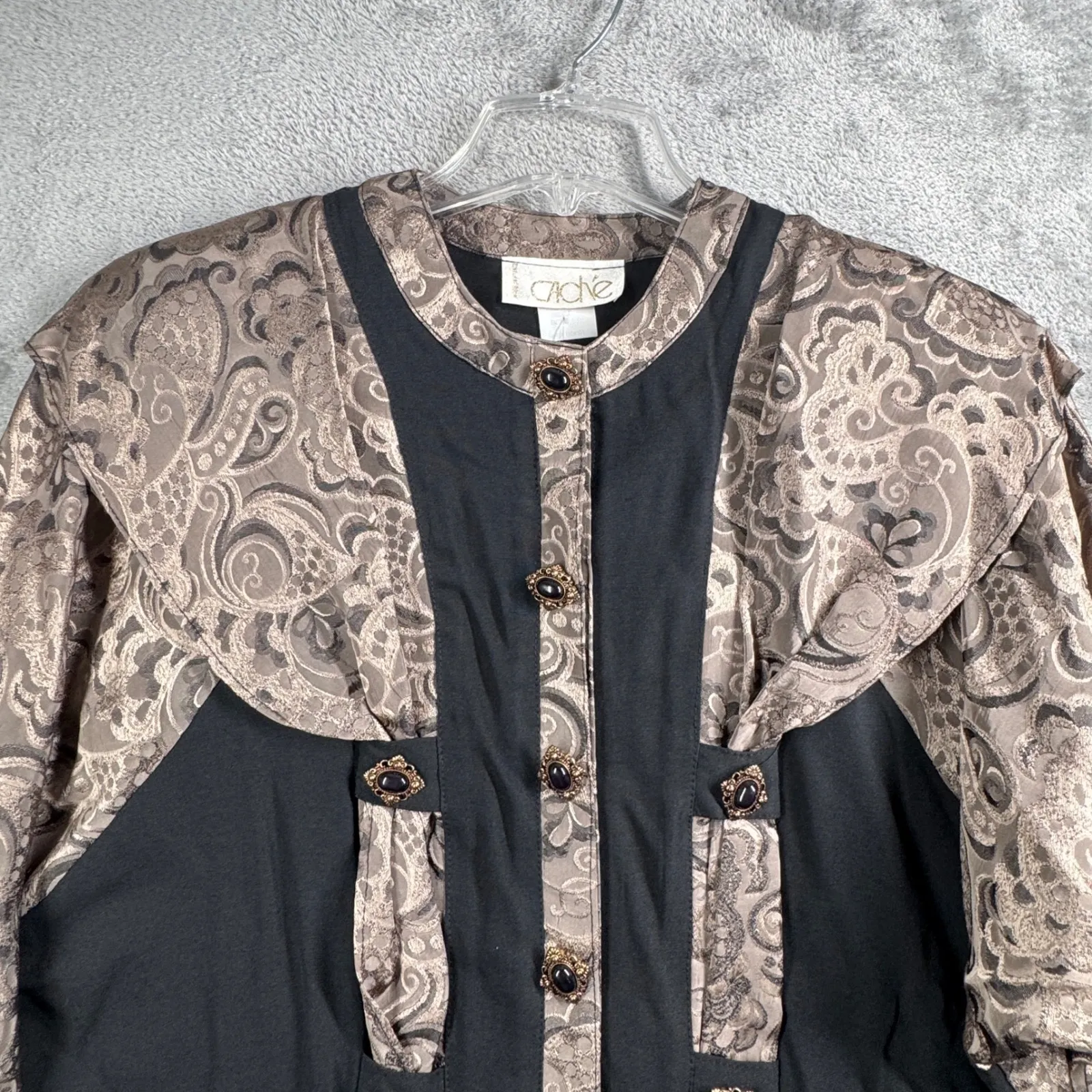 Cache Paris Womens 2 Piece Skirt Suit 4 Black Tan Baroque Jacquard Vintage 80s‎ - Image 4