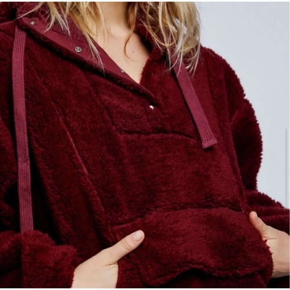 Free People Run My Way‎ Fleece Sherpa Jacket Oversized Plush Hoodie Maroon Small - Image 5
