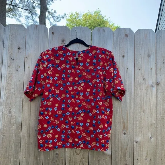 Ginger Jar 90s Floral red Shirt Short Sleeve Yellow Women's 12 blue vintage‎ - Image 5