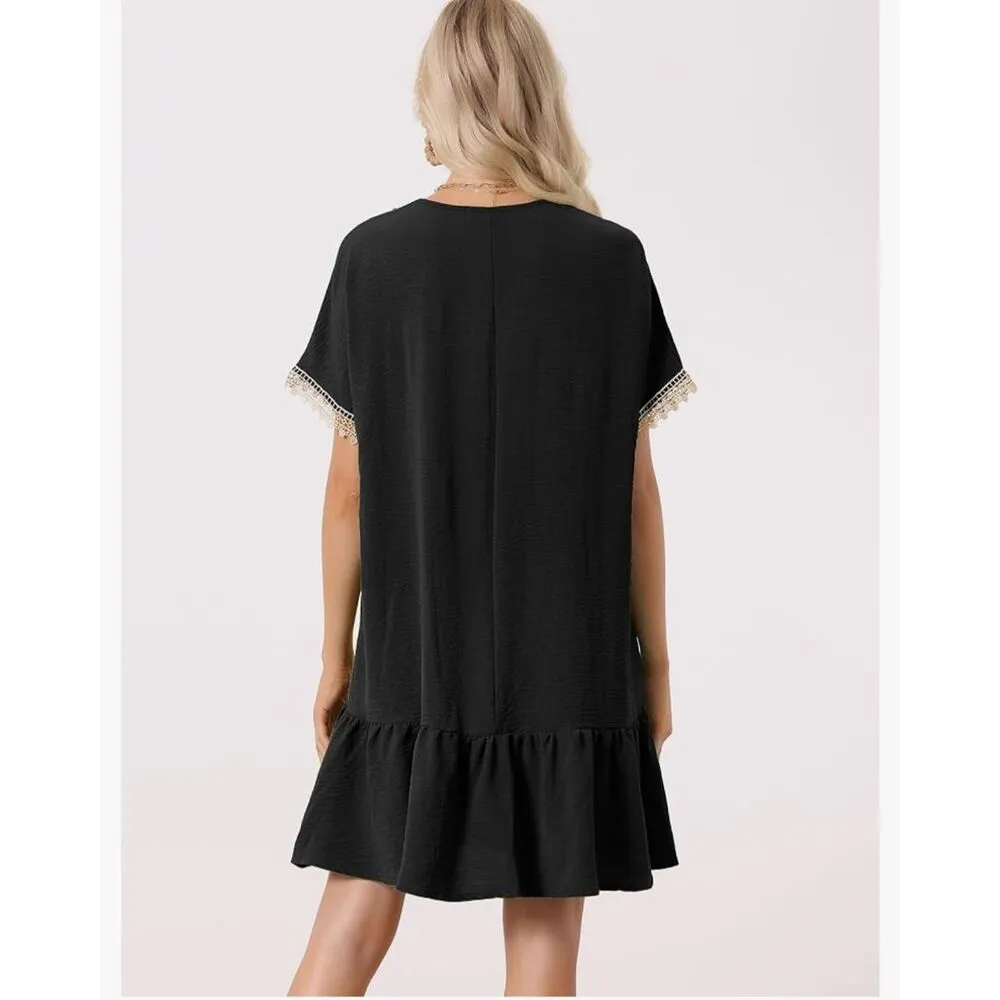 NEW V-Neck Splicing Lace Short Sleeve Tied Waist Dress XS - Image 2