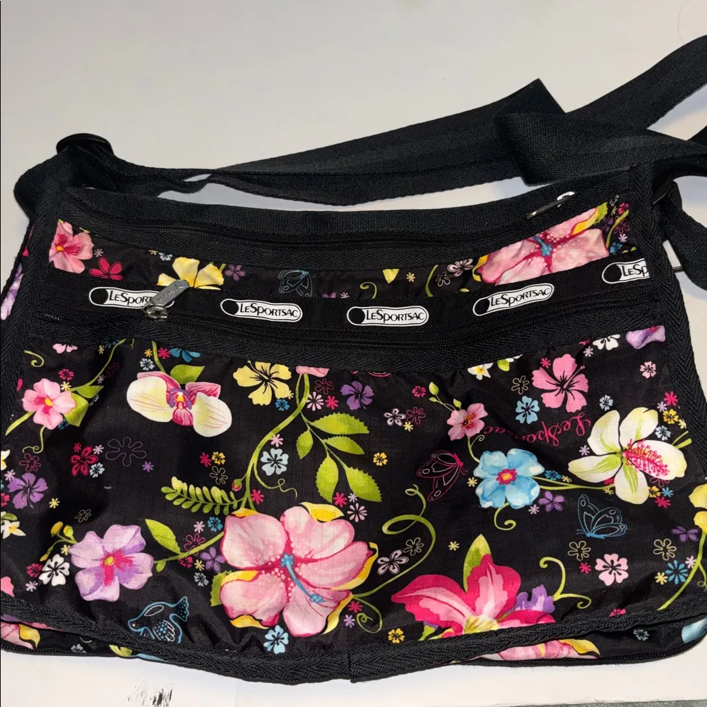 LE SPORT SAC…BLACK HOBO BAG BRIGHT COLORFUL FLORAL DESIGN DOUBLE ZIPPER CLOSURE Black - Image 3