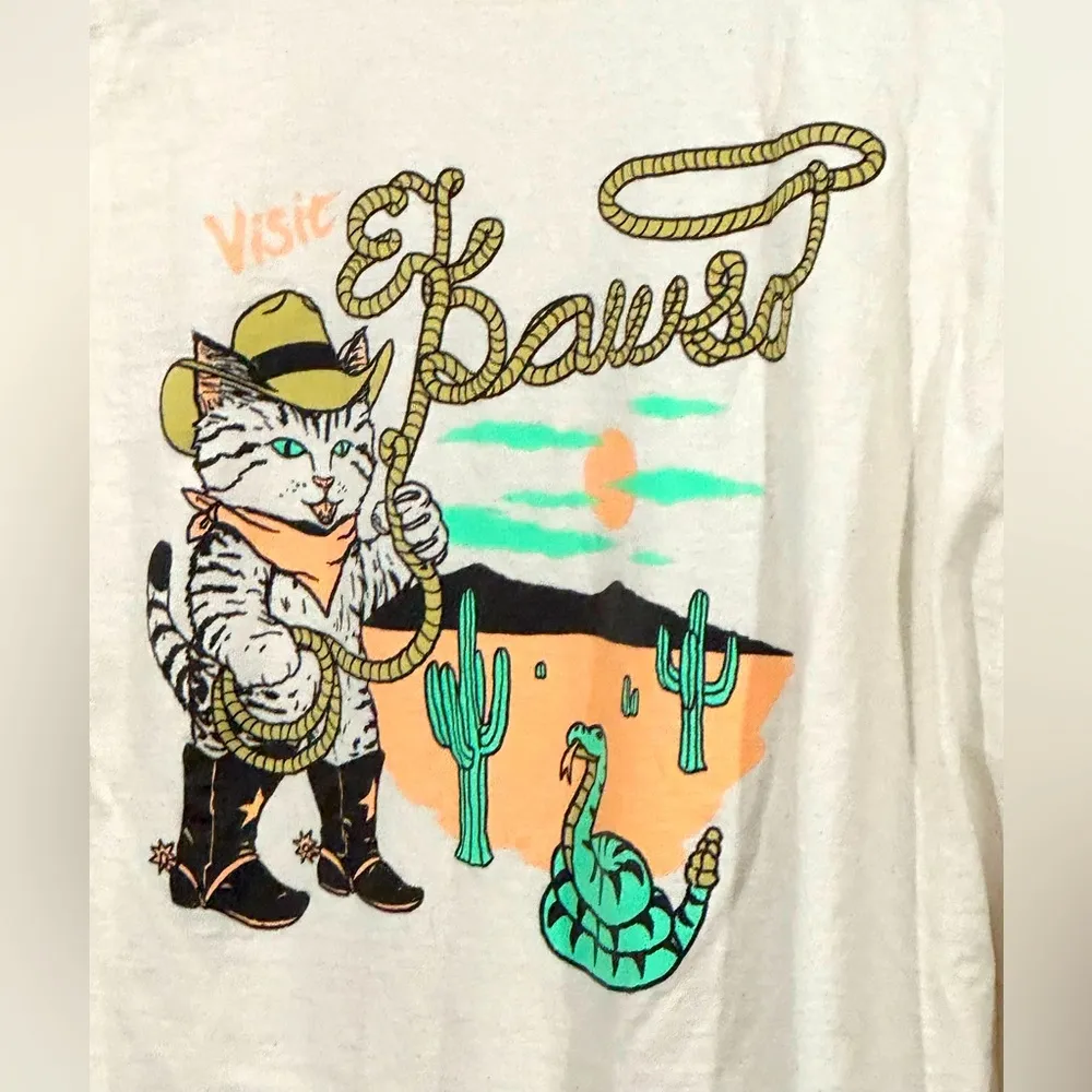 Cowboy Cat Graphic T-Shirt Visit El Paso Rope Desert Scene Western Size L - Image 2