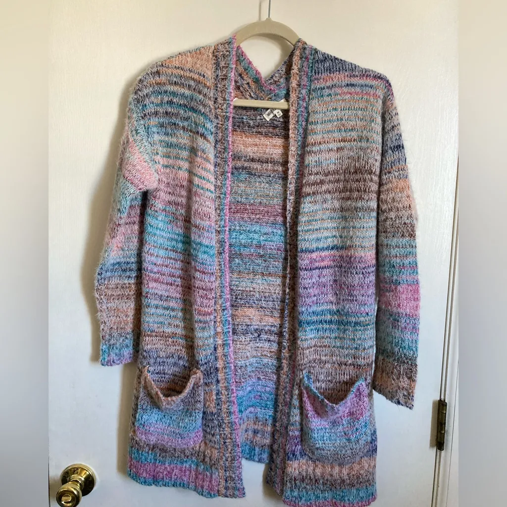 Margeaux & Ellie Multicolor Striped Marbled Open Cardigan Sweater #P Blue Size M - Image 2