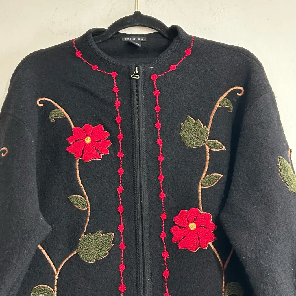 Tally Ho Wool Knit Zip Up Floral Embossed Cardigan Sweater Size Large Black - Image 4