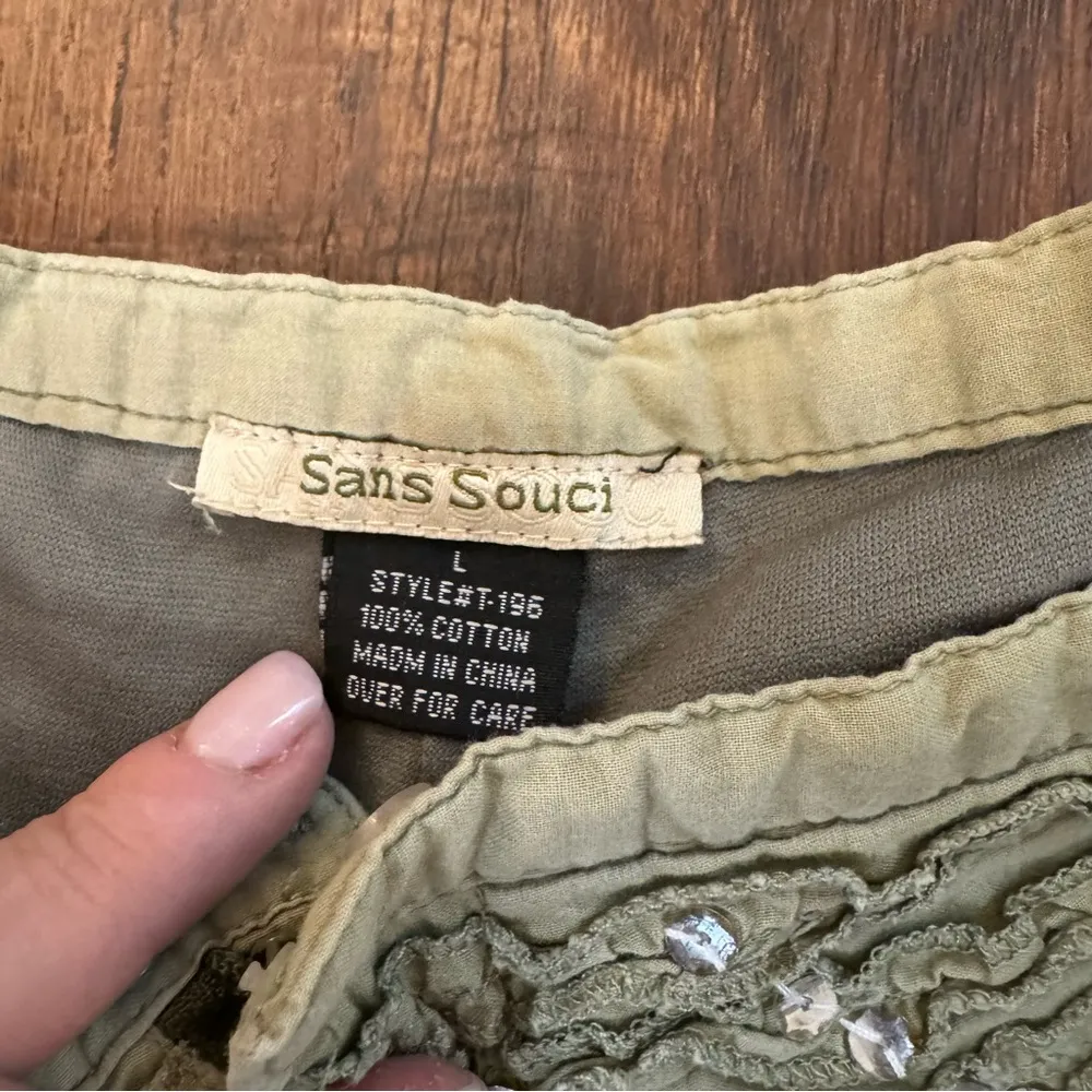 SANS SOUCI olive green cropped wide leg pants with sequined waistband, size L - Image 8