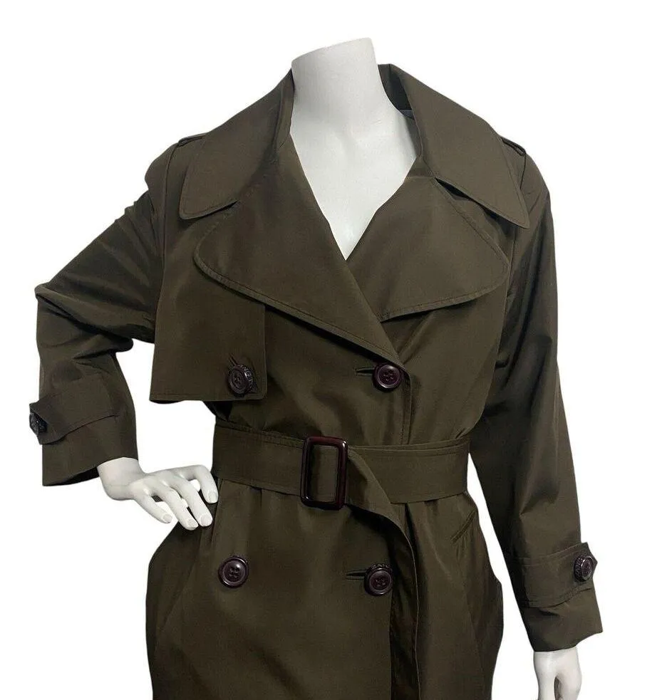 Authentic Zang Toi Olive Green Trench Coat Size 2 100% Silk Belted Pocket - Image 3