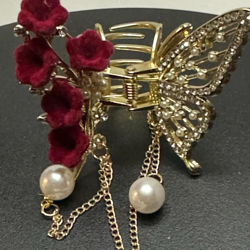 Faux Pearl Tassel Hair Claw Clip Red Rose Jaw Clips Metal Shark Clips For Girls Gold - Image 9