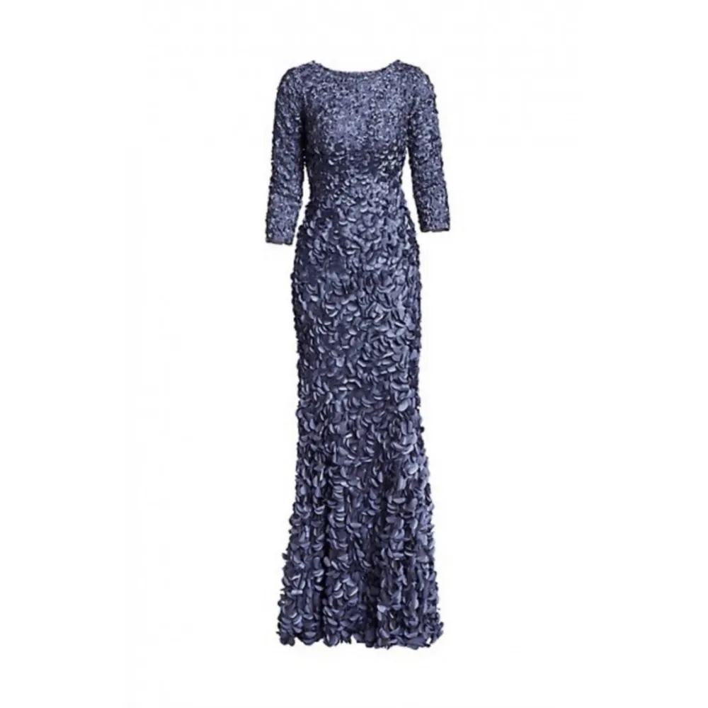 Theia Slate Blue Petal Appliqué boat neck Long sleeve floor Length Formal gown 6 - Image 3
