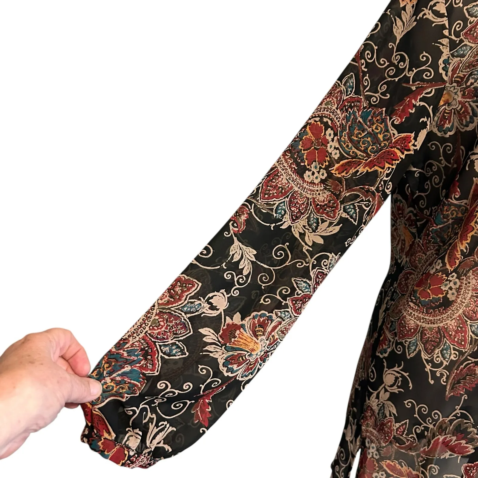 Bandolino Crochet SZ 14 Top Black Flower Tunic Boho Y2K Long Sleeve Pleated - Image 4