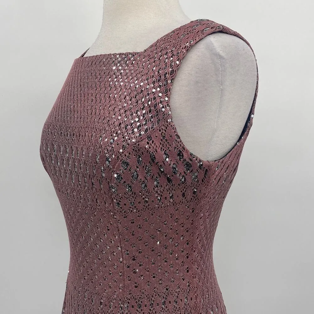 Vintage 90s Crochet Overlay Sequined Sheath Dress Squareneck Mauve Silver NEW 8 Purple - Image 6
