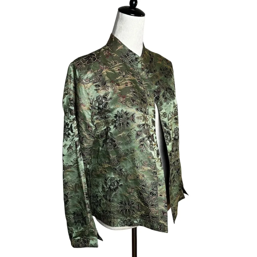 Vintage Y2K Chico's Silk Blend Brocade Jacket 8 | Green Floral Artsy Y2K Retro - Image 2