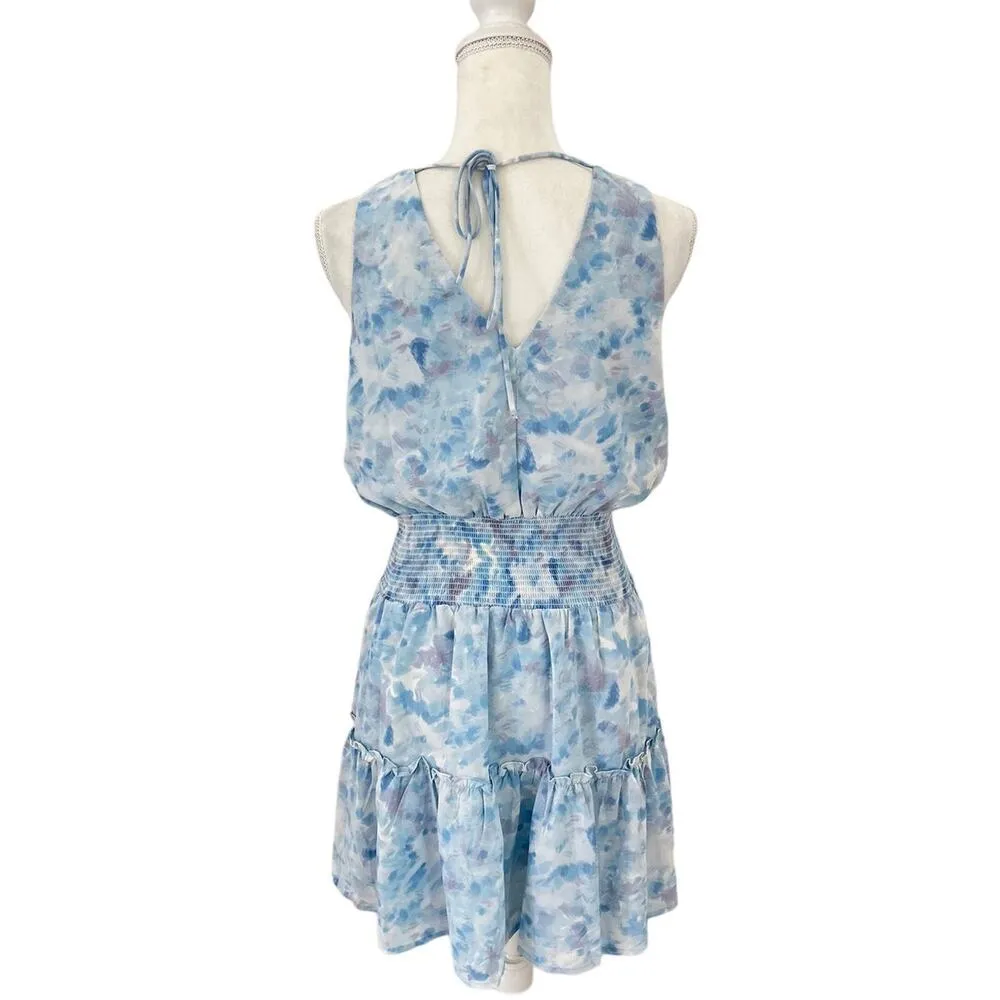 KLD Signature Blue Watercolor Sleeveless Smocked Mini Dress V Neck Size Medium - Image 5