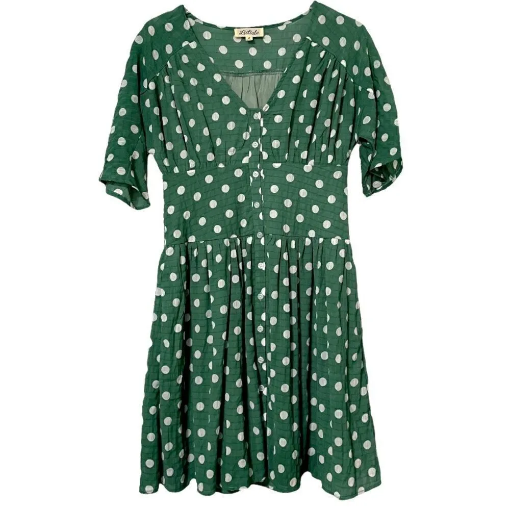 Listicle Polka Dot Button Down Green Dress Size Small‎ - Image 2