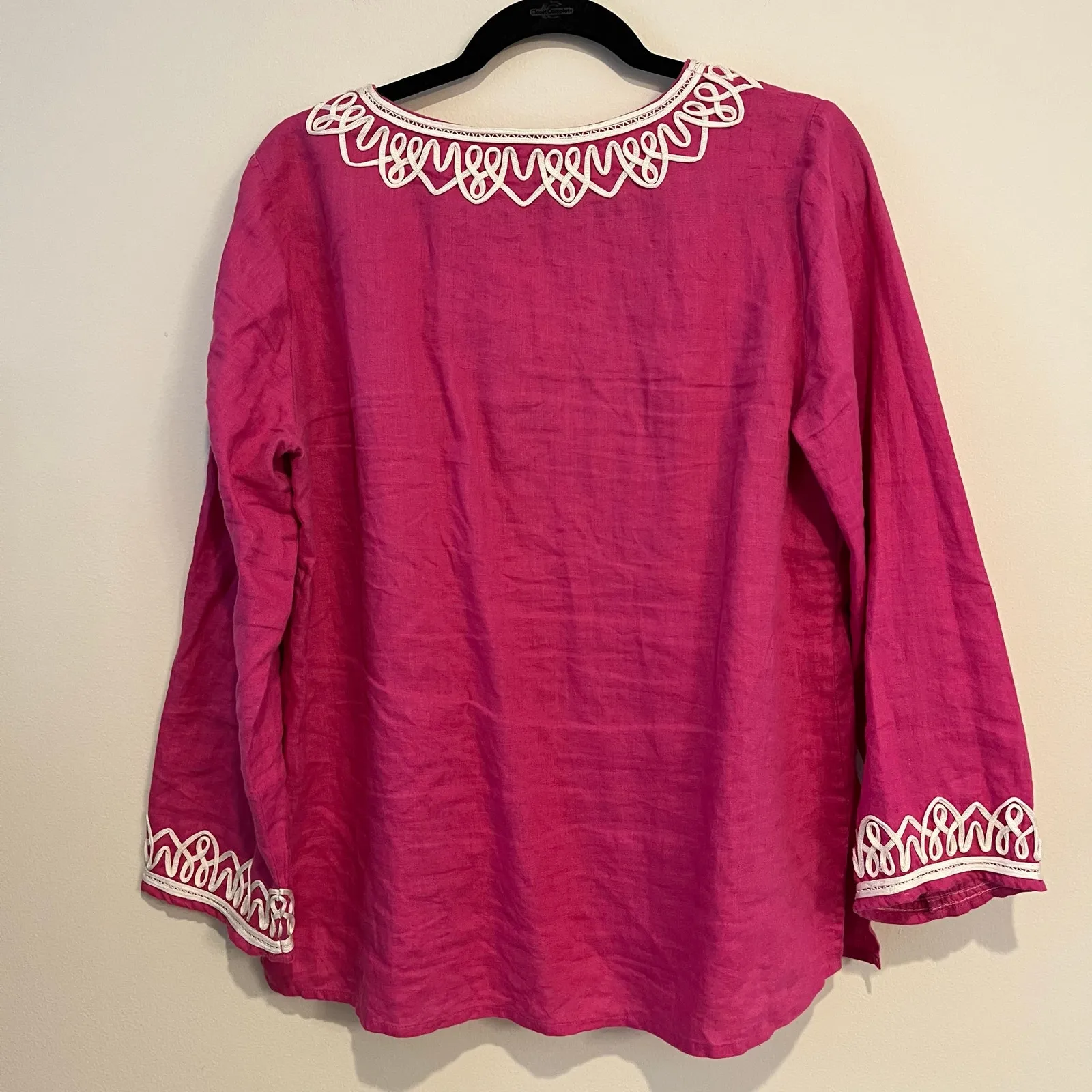 Talbots Top 100% Linen Shirt Long Sleeve Notch Neck Pink White Trim Accents Med - Image 2