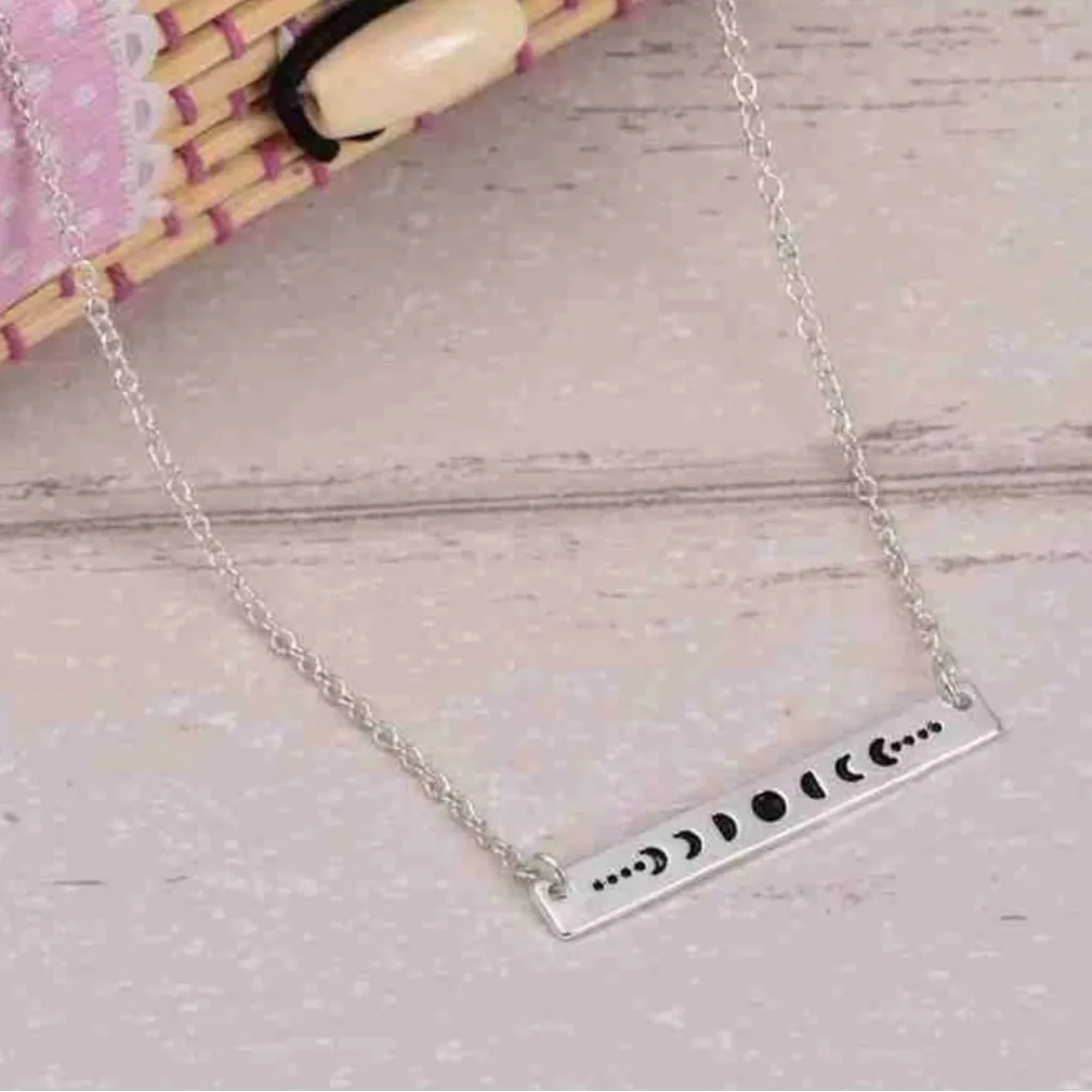 White Gold‎ Plated Celestial Necklace w/ Moon Phases Bar Pendant Necklace 16-18” - Image 9