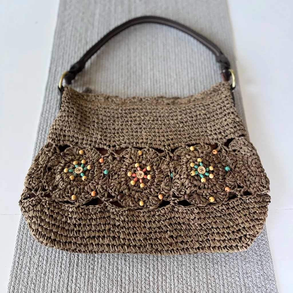 Vintage St. John’s Bay Taupe Tan Raffia Beaded Shoulder Bag Purse - Image 5