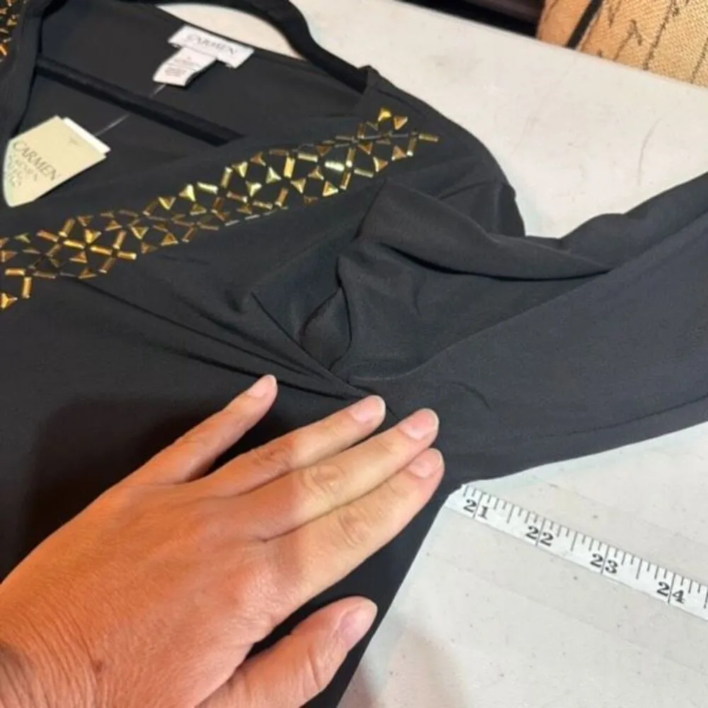 NWT Carmen Marc Valvo Women's V Neck  Studded Tunic Blouse Black Gold Size Large - Image 7