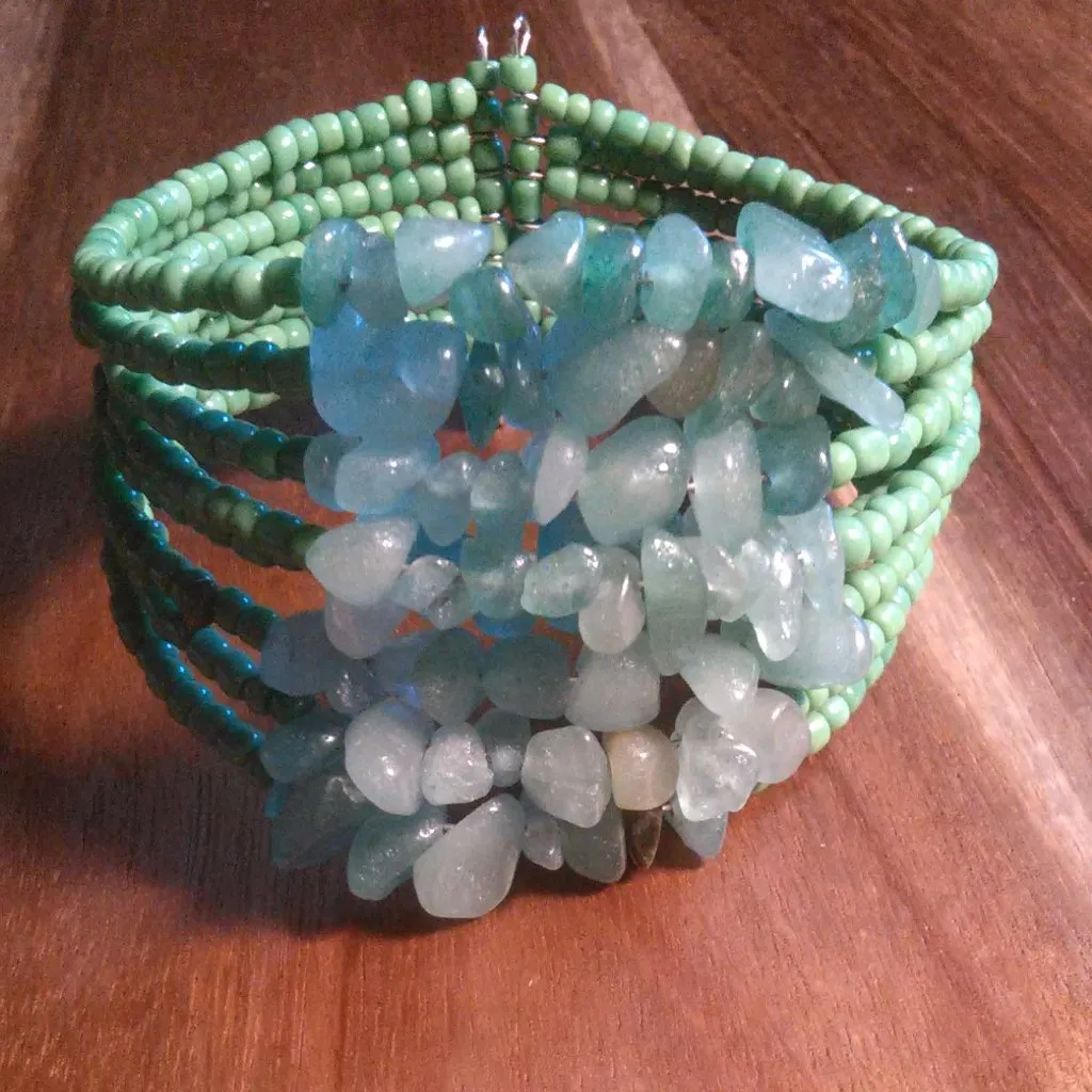 Green Seed Bead and Green Stone Cuff Bracelet - Image 2